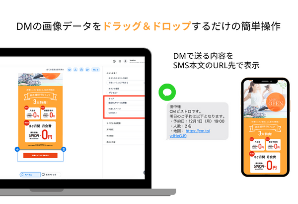 DMをSMS送信サービスで配信するイメージ